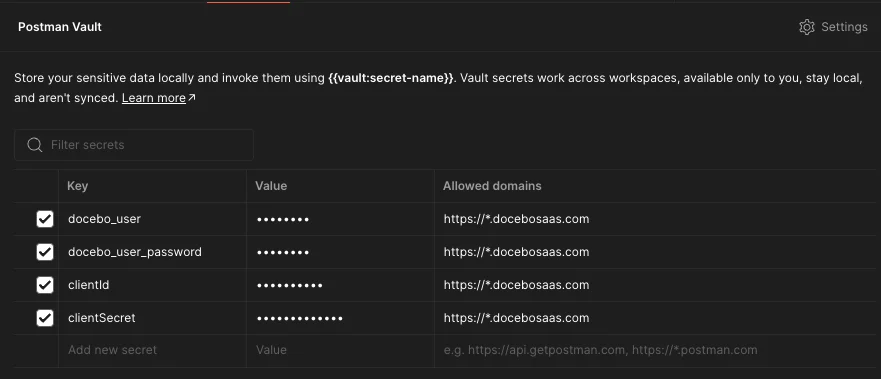 Adding Credentials to Postman Vault